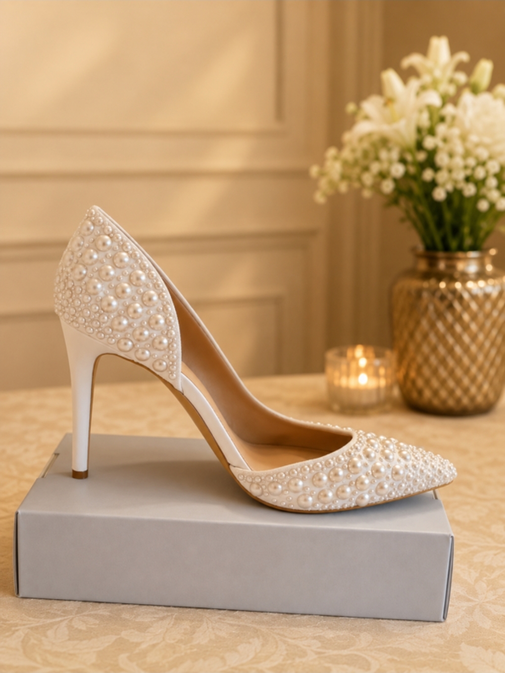 Elegant Pearl-Embellished Women's Pointed-Toe Pump - White